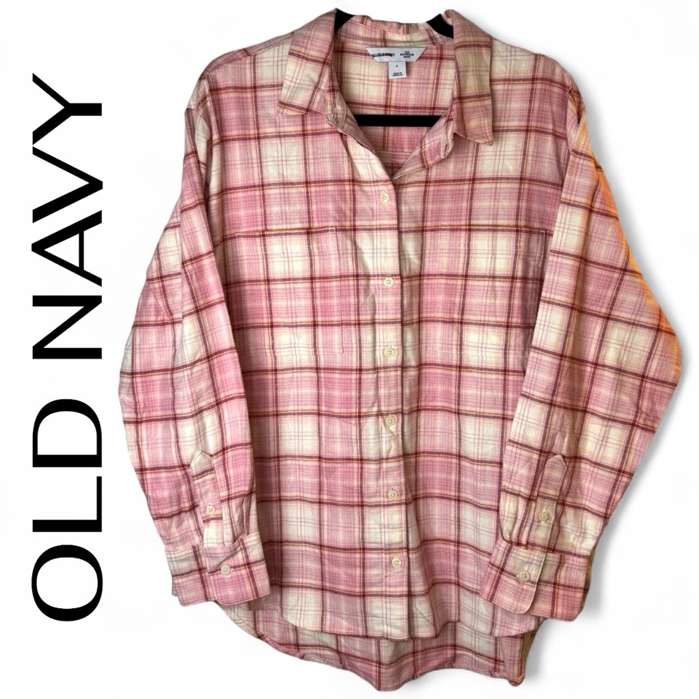 OLD NAVY Relaxed Fit Boyfriend Flannel Shirt Size Large L Soft Pink Cream NWOT - Picture 3 of 5